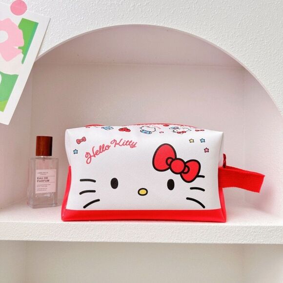 Hello Kitty Oxford Cloth Expandable Cosmetic Travel Bag Lined Pearl Zipper Pull - Picture 1 of 5